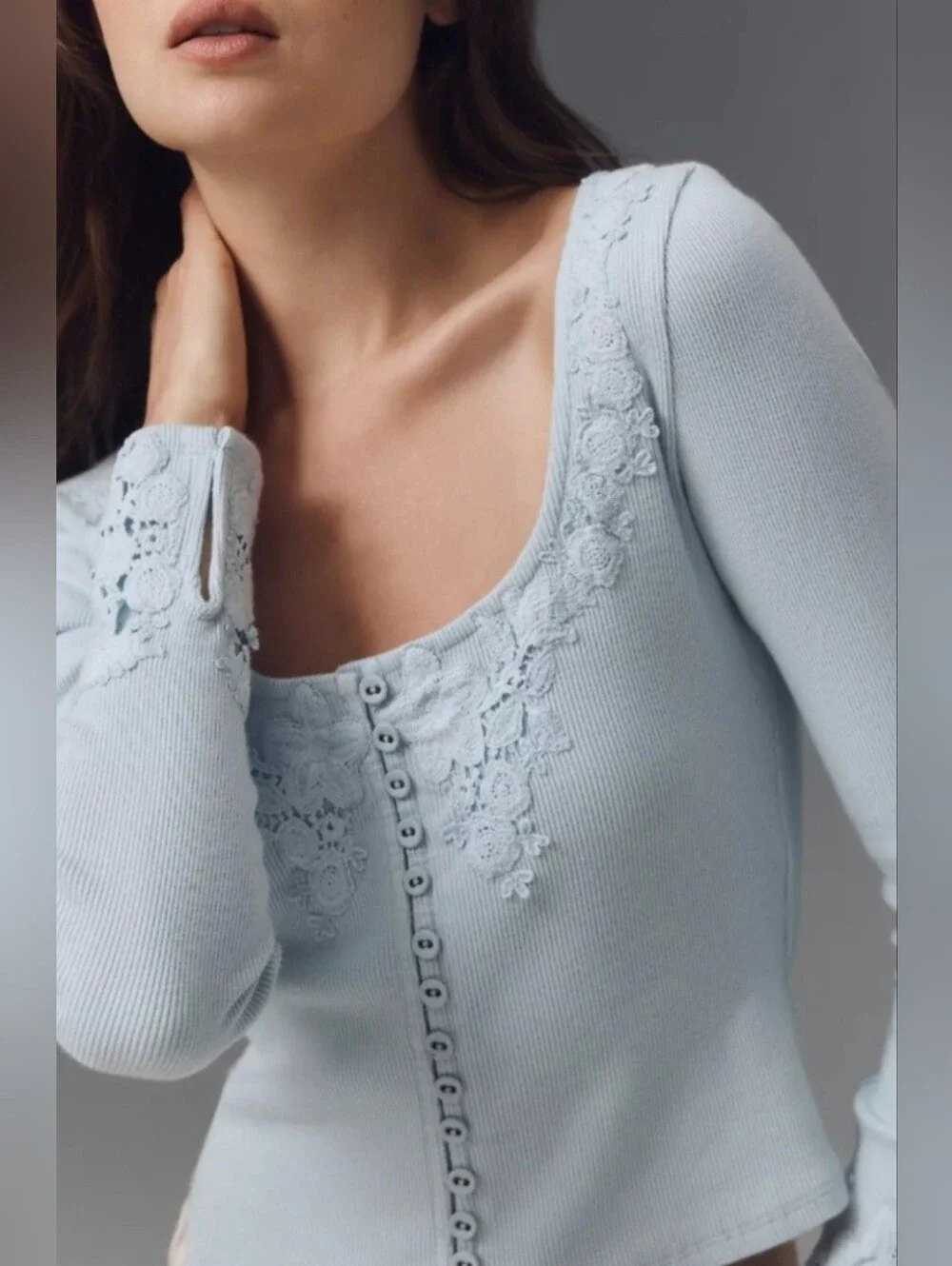 By Anthropologie Long Sleeve Lace Trim Blouse-Light Blue